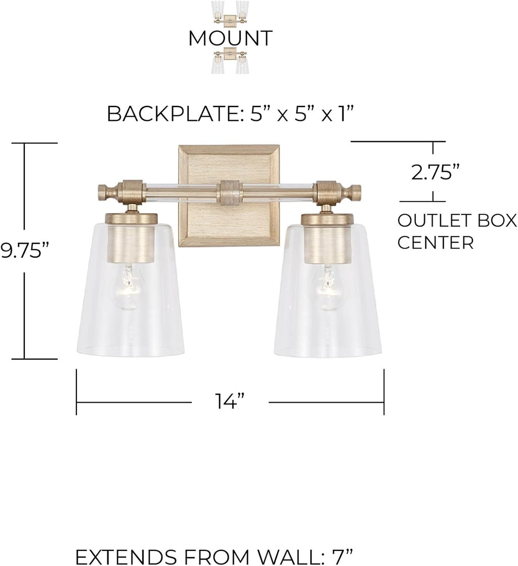 Capital Lighting 144821BS-523 Breigh Modern Clear Glass Cylinder Vanity Lights for Bathroom, 2-Light 200 Total Watts, 10' H x 14' W, Brushed Champagne