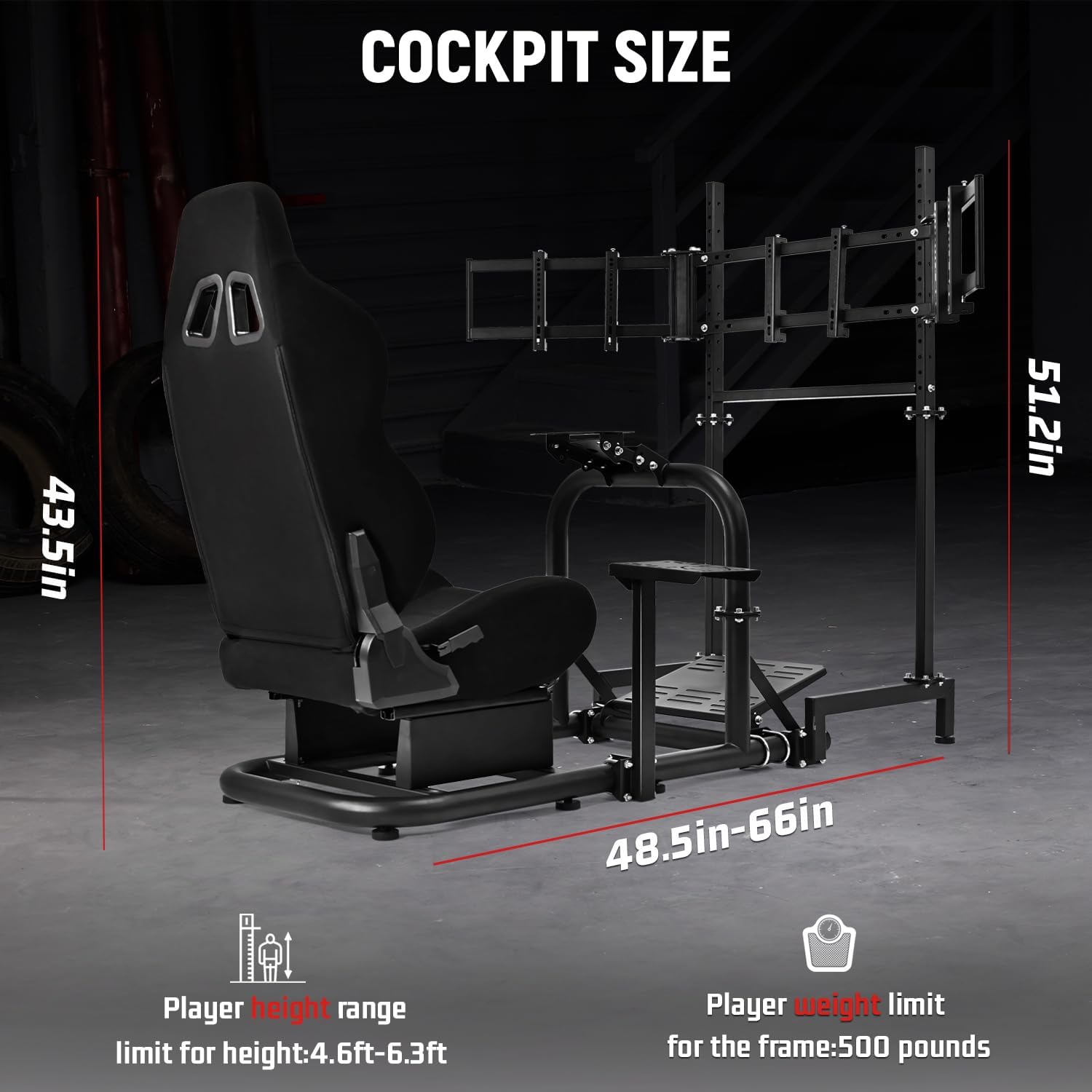 Dardoo Racing Simulator Cockpit with Triple Monitor Stand and Black Seat Fit for Logitech G29 G920 G923, for Thrustmaster T300RS, for Fanatec CSL-DD, No Steering Wheel Pedal or Shifter