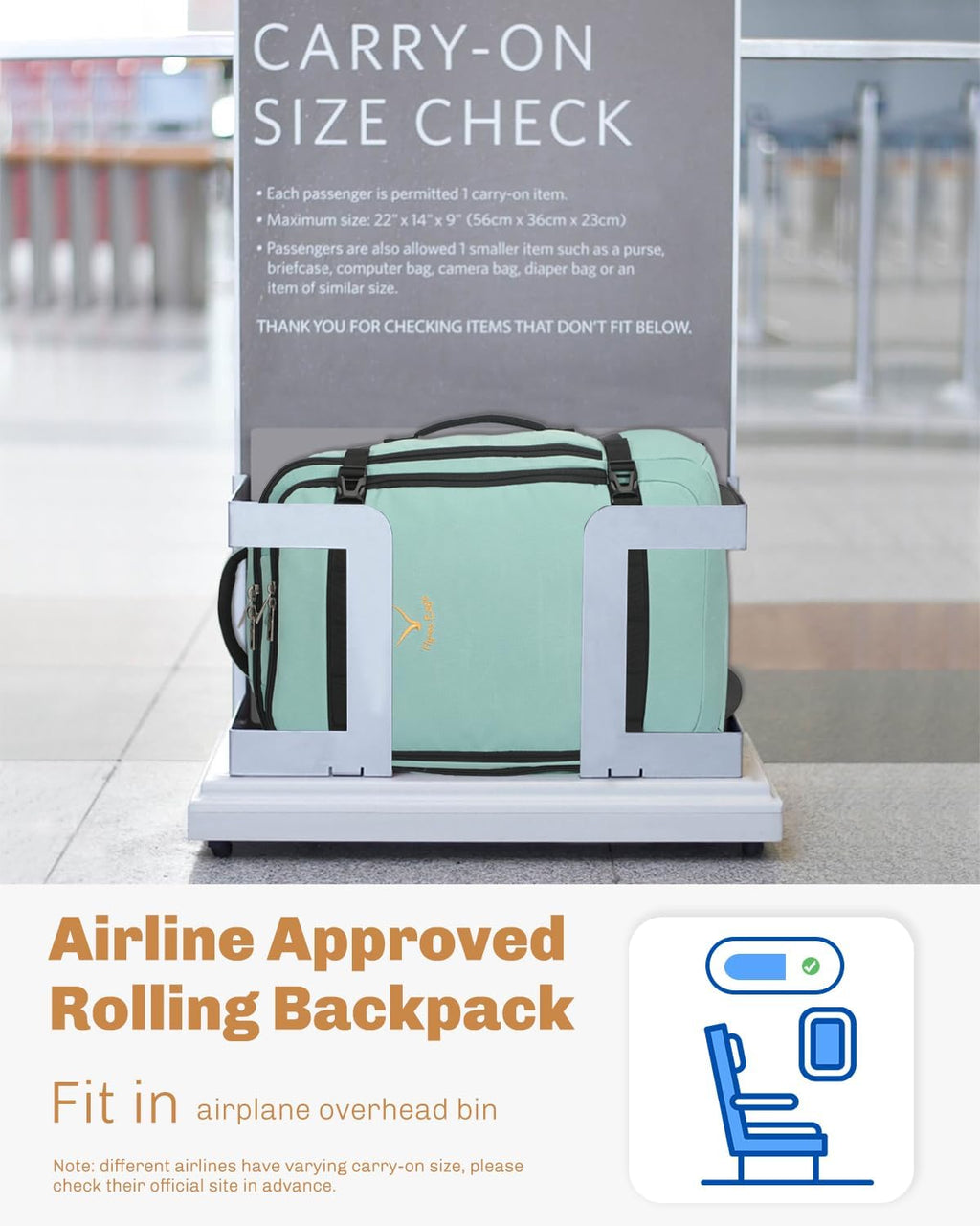 Hynes Eagle Rolling Backpack 42L Backpack with Wheels Airline Approved Carry on Luggage Laptop Travel Suitcase Bag for Women Men Mint Green