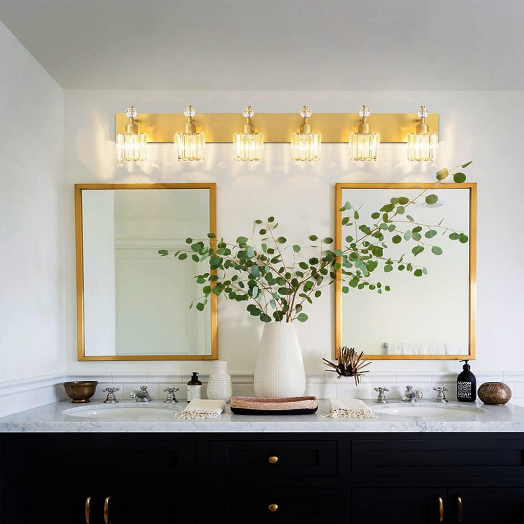 PRESDE Crystal 6 Light Bathroom Vanity Lights Gold Vanity Light for Bathroom Over Mirror Modern Wall Sconce