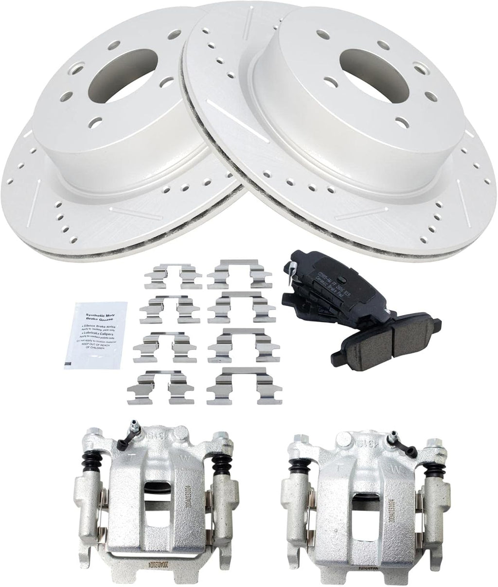 TRQ Performance Rear Brake Pad and Rotor Set Ceramic Vented Coated Rotors Calipers Compatible with 2011-2012 Infiniti G25 2011-2013 G37 2015 Q40 2010-2019 Nissan 370Z
