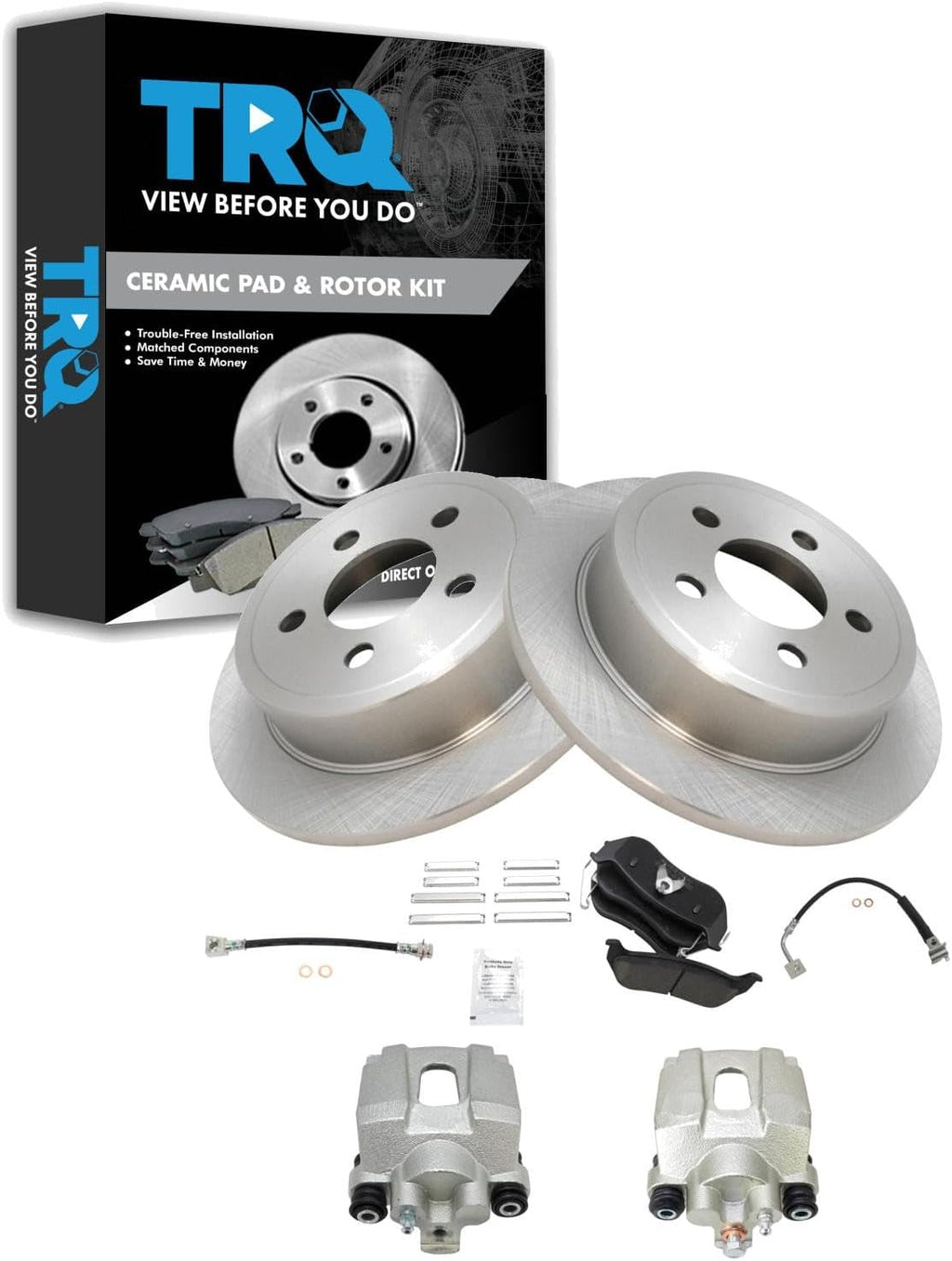TRQ Rear Brake Pad and Rotor Set Ceramic Rotors Calipers Hoses Compatible with 2006-2007 Jeep Liberty