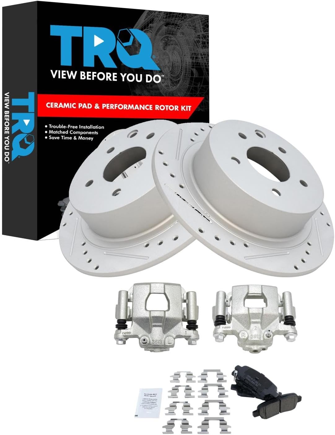 TRQ Performance Rear Brake Pad and Rotor Set Ceramic G Coated Solid Rotors Calipers Compatible with 2002-2006 Nissan Altima 2004-2006 Maxima 2013-2022 Altima