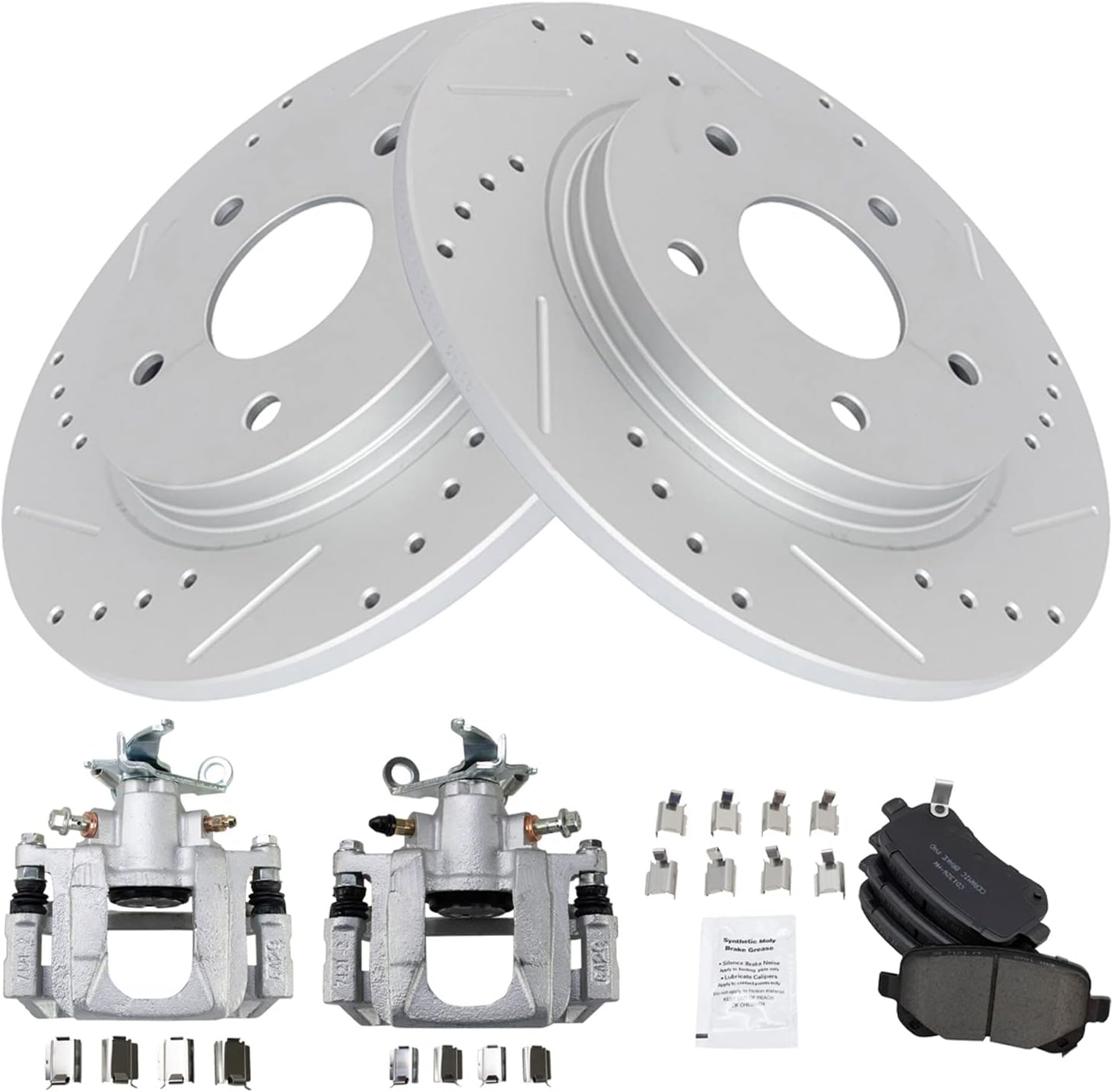 TRQ Performance Rear Brake Pad and Rotor Set Ceramic Coated Drilled Slotted Rotors Calipers Compatible with 2009-2012 Dodge Journey