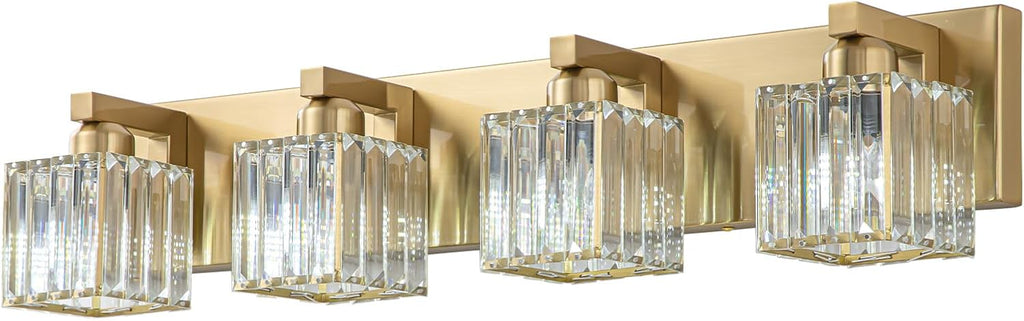 Gold Crystal Bathroom Vanity Lights, 4 Lights Bathroom Lighting Fixtures Over Mirror Modern Gold Crystal Bath Wall Light with Square Shade