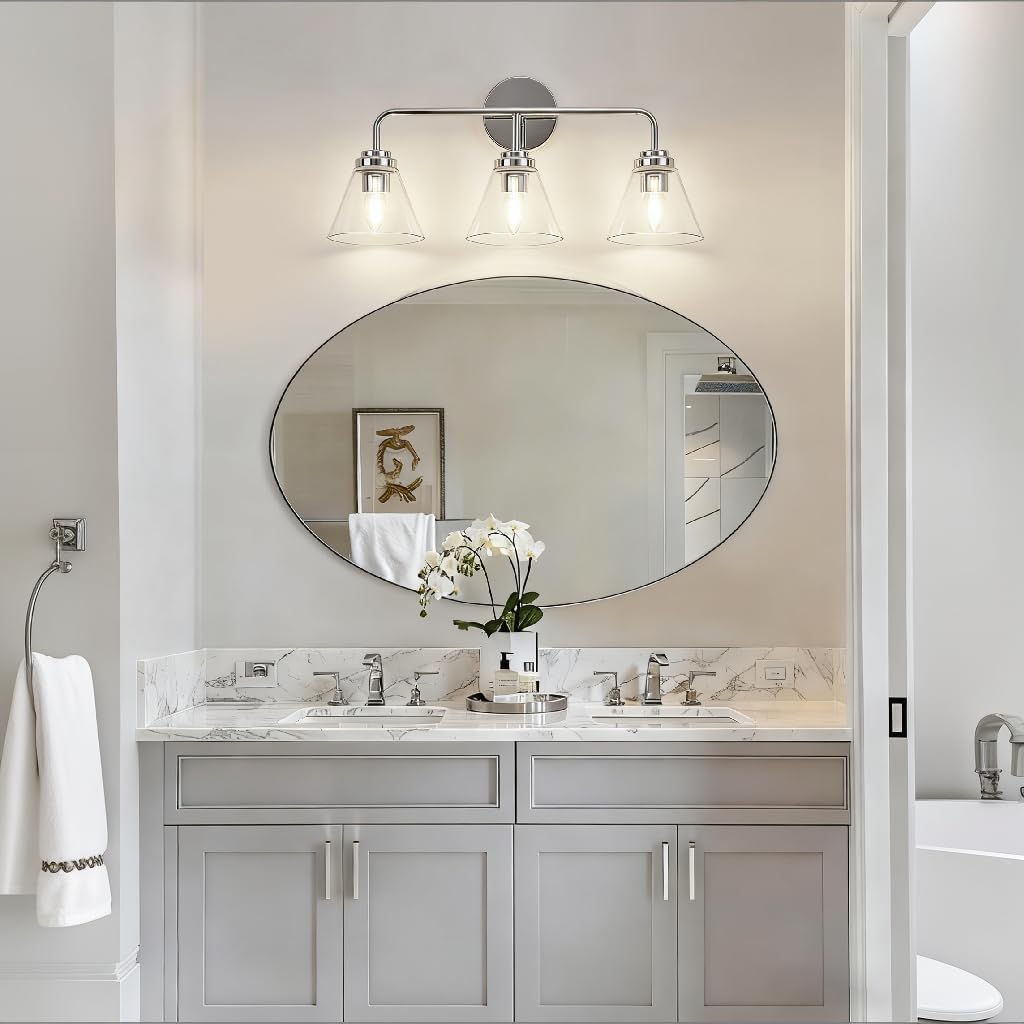 ANDY STAR Vanity Lights for Bathroom 3 Light - Chrome Bathroom Light Fixtures with Clear Cone-Shaped Glass, Polished Modern Geometric Design Wall Lights for Hallway, Bedroom, E26 Base (No Bulbs)