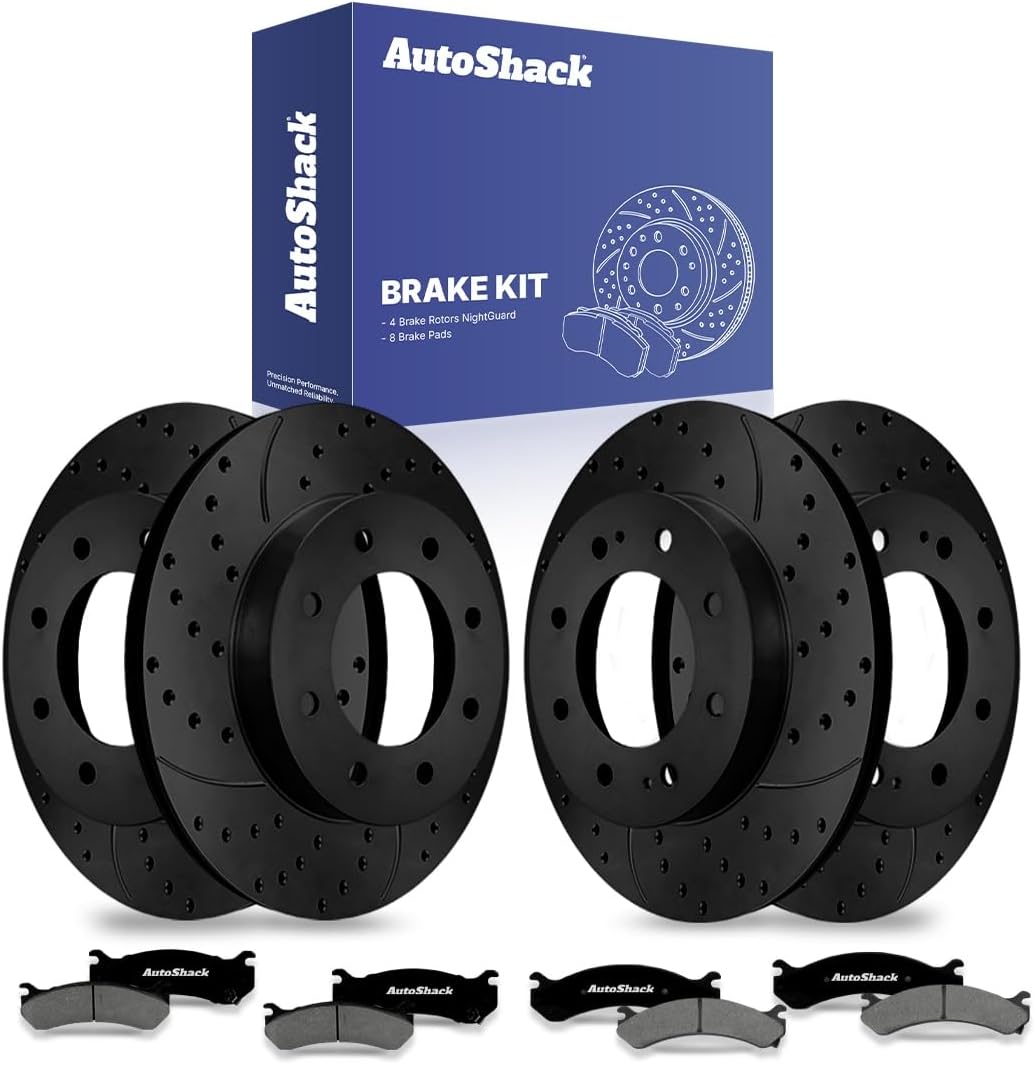AutoShack Front & Rear Brake Rotors & Premium Pads for Chevrolet, Silverado 2500 HD 2001-2010, 4WD RWD V8 6.0L 6.6L 8.1L - E-Coated Drilled & Slotted - Black Finish - NightGuard
