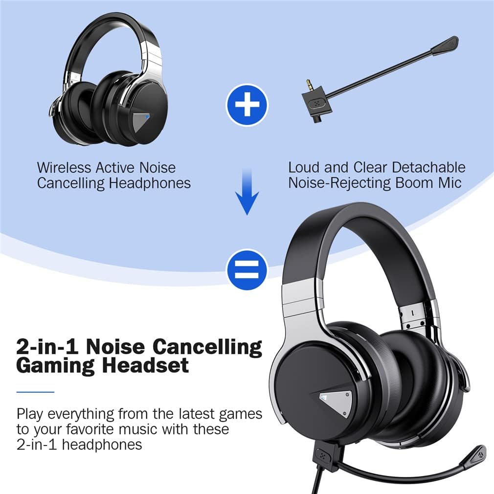 2 in 1 Active Noise Cancelling Gaming Headset Foldable Wireless Bluetooth Over-Ear Headphones with Detachable Boom Mic, Advanced 45Mm Speakers, 30H Playtime
