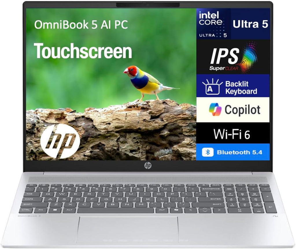 HP OmniBook 5 Next Gen AI Laptop 16.0' Touchscreen 2K IPS Display (Intel Ultra 5-225U, 16GB LPDDR5X, 1TB SSD, Backlit KB, Copilot+, Webcam, Win 11 Home) w/Dockztorm USB Port Expander