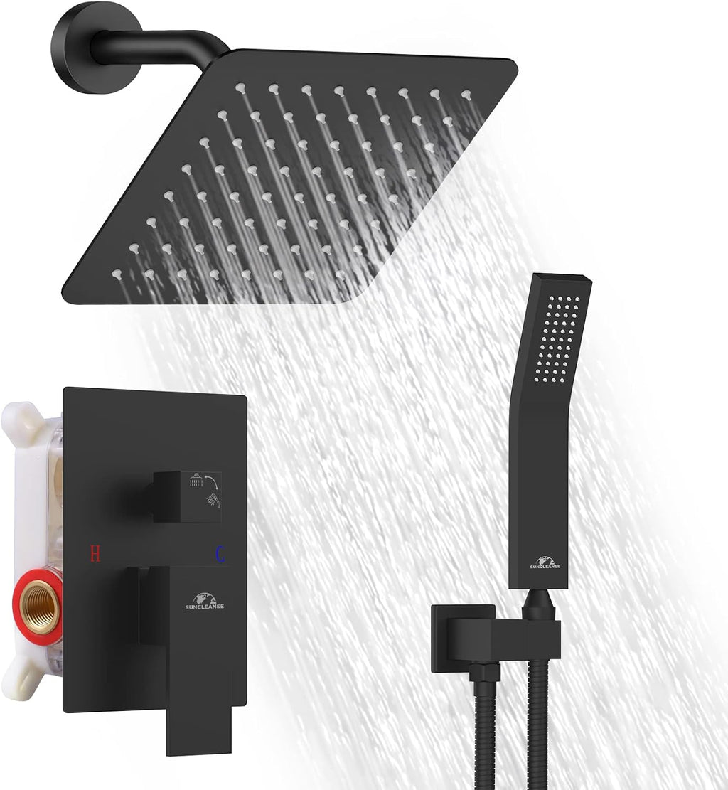 Shower System Rainfall Shower Faucets Set Matte Black, 8 Inch Wall Mounted Rain Shower Head with Handheld Spray Shower Valve and Trim Included