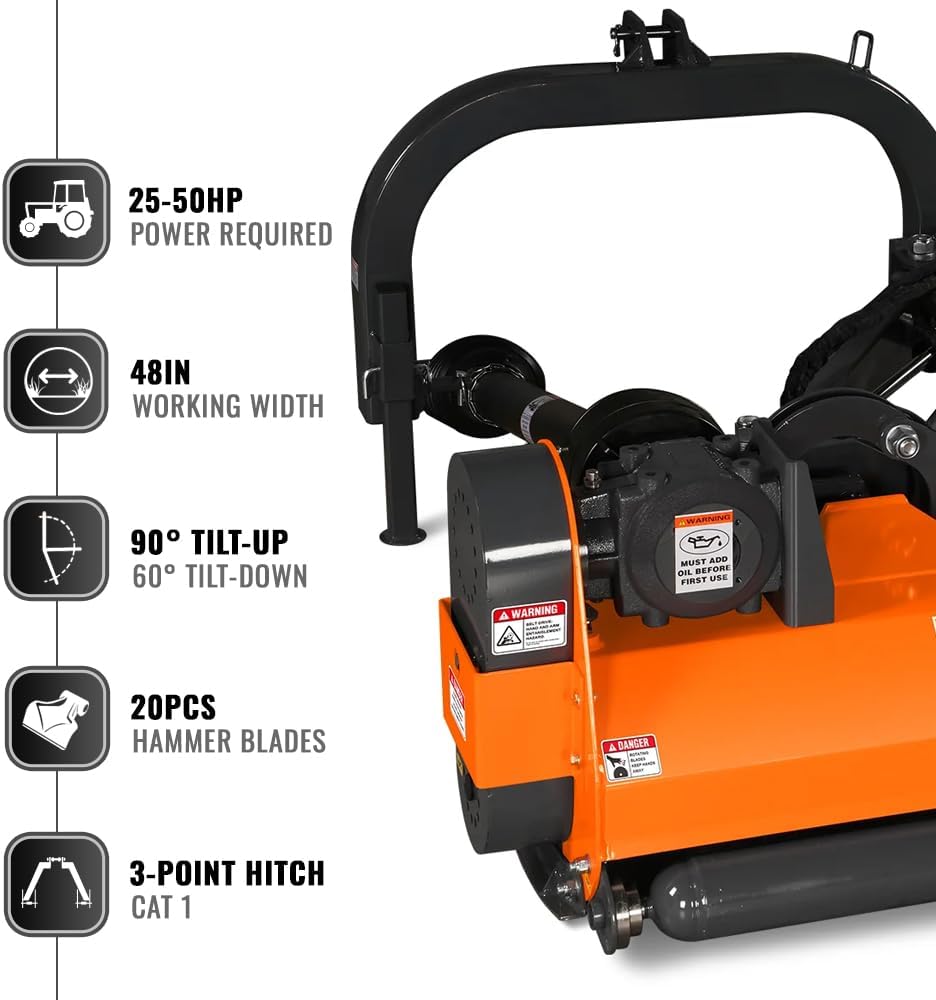 MechMaxx 48' Inch PTO Drive 3 Point Hitch Offset Flail Ditch Bank Mower for 25-50HP CAT 1 Tractor, 69'' Offset Distance,60°/90° Rotation Angle, 20 Hammers, Model VAM48