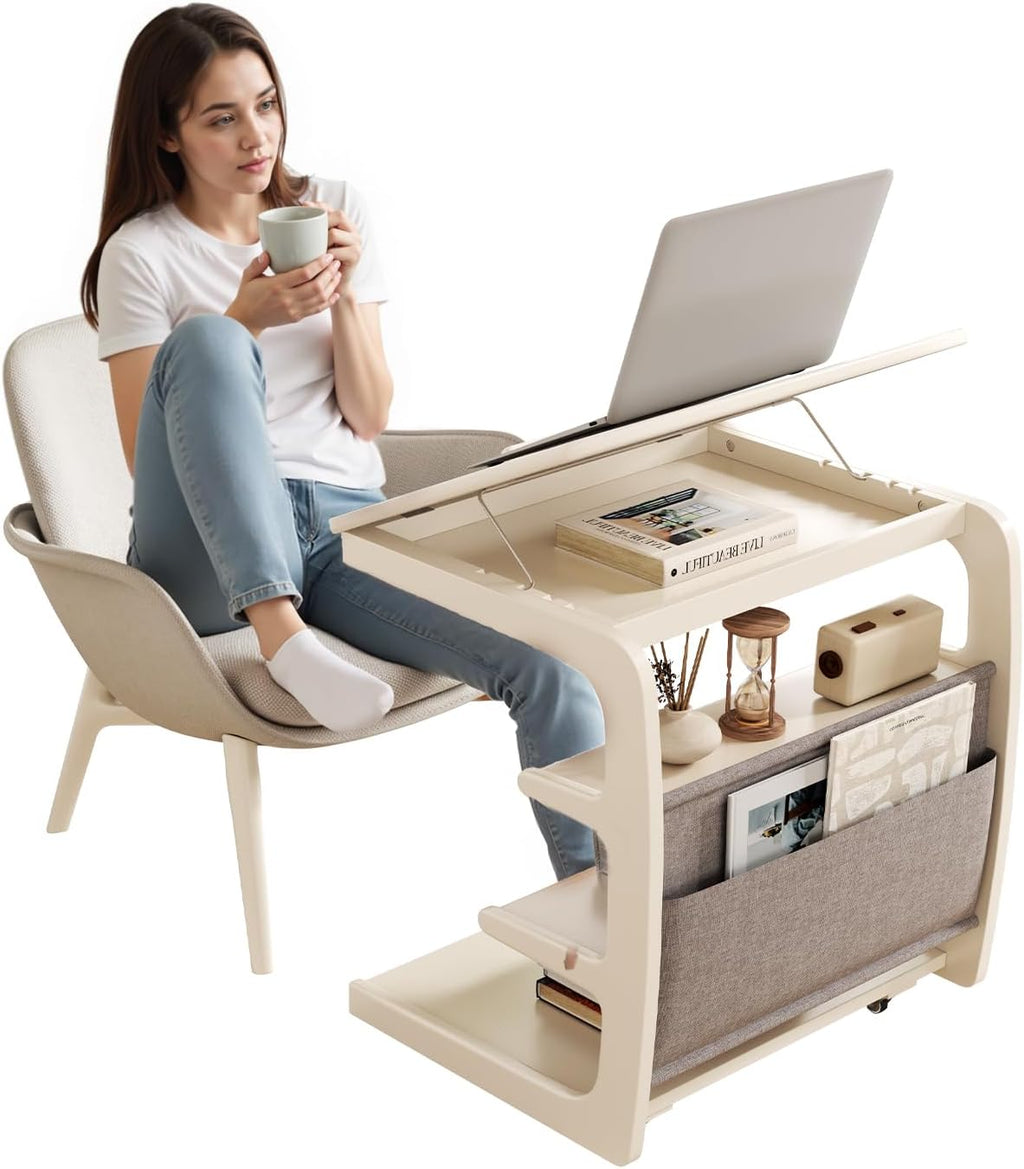 AQIMUELE Rolling Side Table, C Shaped End Table, C Table with 4 Wheels Solid Wood Small Rolling Desk with Adjustable Desktop,C Shaped End Table for Couch,Home Office(15.6' D x 23.6' W x 24.3' H)