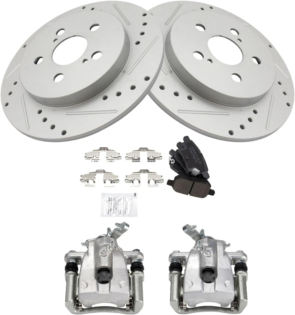 TRQ Performance Rear Brake Pad and Rotor Set Ceramic Solid G Coated Rotors Calipers Compatible with 2009-2010 Pontiac Vibe 2009-2019 Toyota Corolla 2009-2013 Matrix