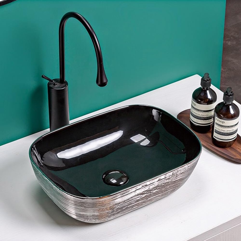 Ruvati 20 x 16 inch Bathroom Vessel Sink Silver Decorative Art Above Vanity Counter Black Ceramic - RVB2016BS | Rectangle Sink, Small Vessel Sink, Bathroom Sink Countertop, Ceramic Vessel Sinks