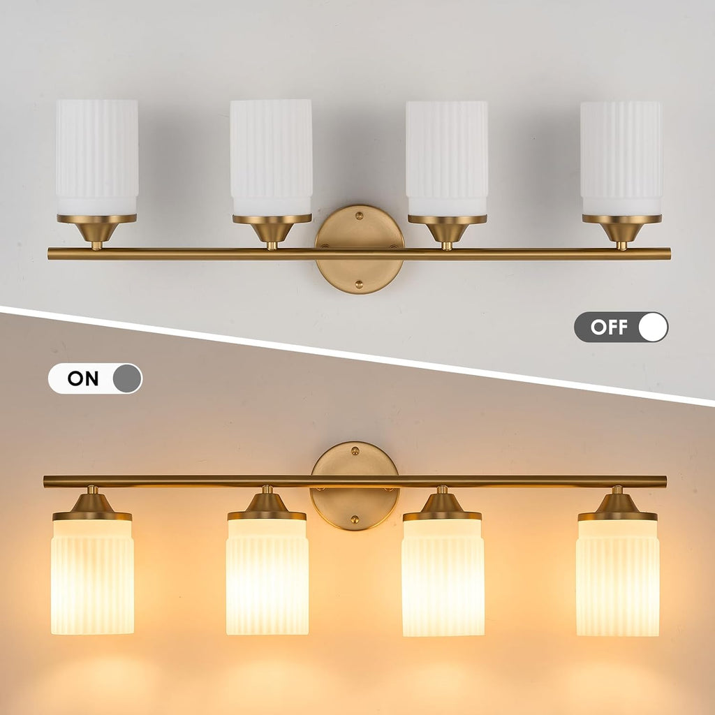 Jonsi Gold Bathroom Light Fixtures 4-Light Vanity Lights Modern Wall Sconce with Milk White Shade Brushed Brass Bathroom Light Fixture Over Mirror for Bedroom Hallway Kitchen