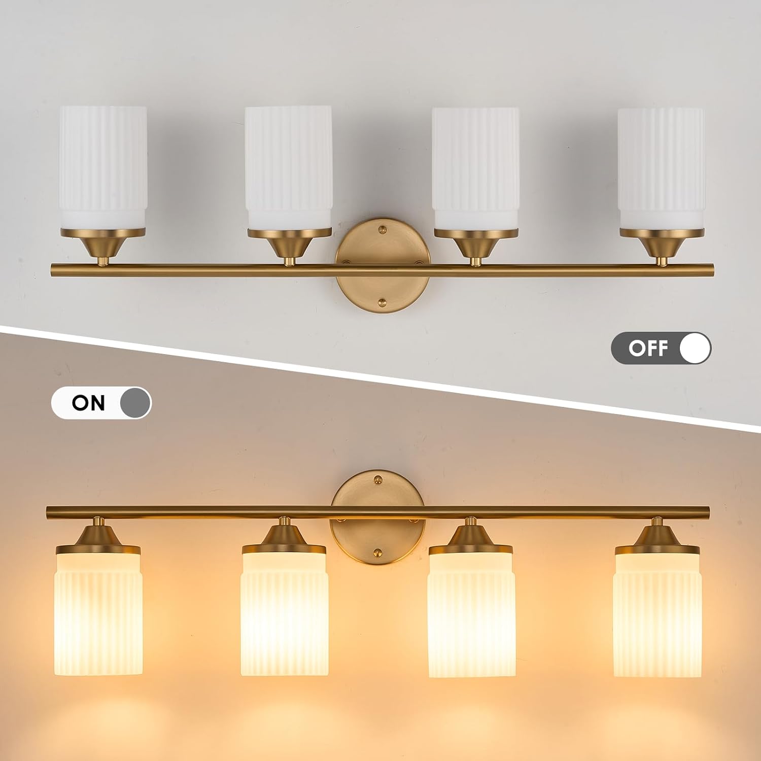 Jonsi Gold Bathroom Light Fixtures 4-Light Vanity Lights Modern Wall Sconce with Milk White Shade Brushed Brass Bathroom Light Fixture Over Mirror for Bedroom Hallway Kitchen