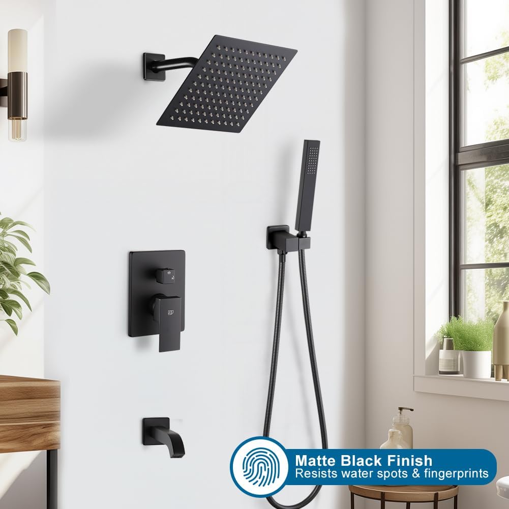 Matte Black Shower Faucet Set with Tub Spout Bathroom Rainfall 8 Inch Shower Head System with Handheld Single Handle Shower Trim Kit with Valve