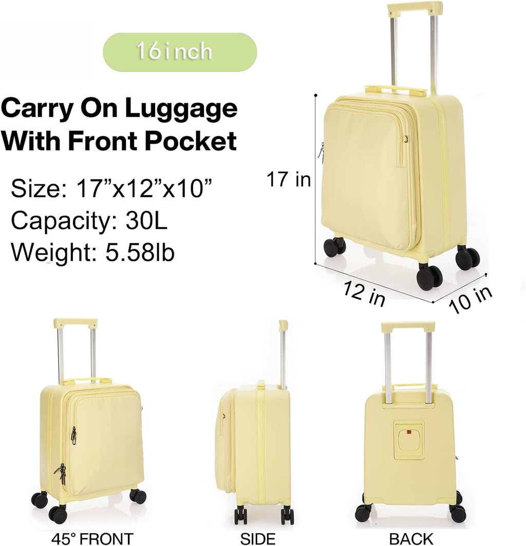 Carry On Luggage with Cup Holder,16 Inch Hard Shell Suitcases with 4 Spinner Wheels, Cabin Bag Wheeled Bag Airline Approved,Expandable Carry-ons Yellow
