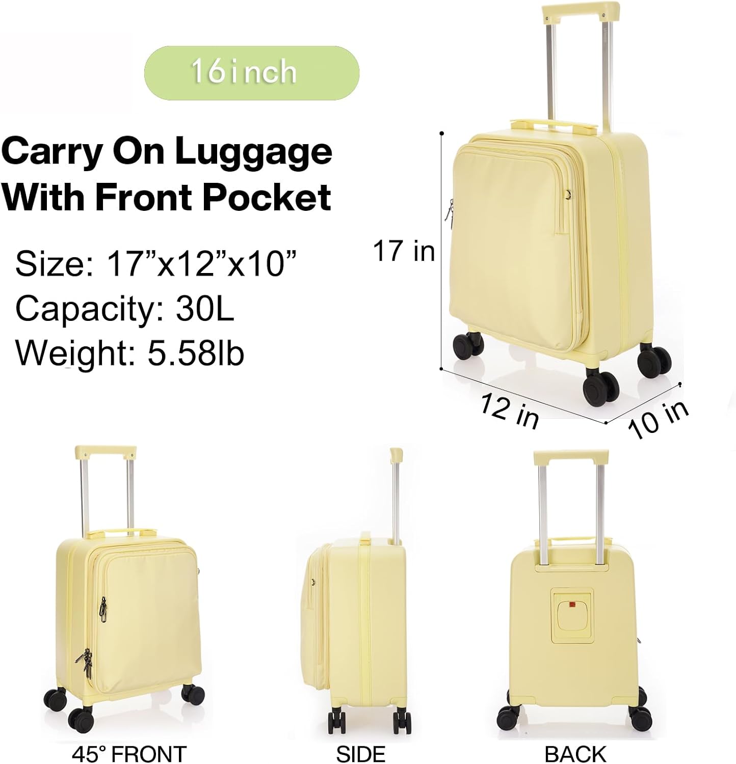 Carry On Luggage with Cup Holder,16 Inch Hard Shell Suitcases with 4 Spinner Wheels, Cabin Bag Wheeled Bag Airline Approved,Expandable Carry-ons Yellow
