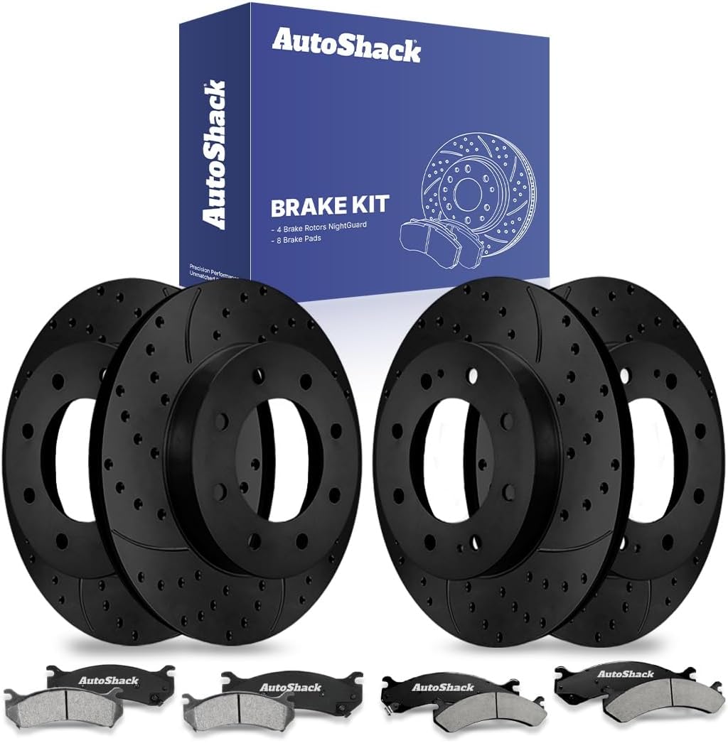 AutoShack Front & Rear Brake Rotors & Ceramic Pads for Chevrolet, Silverado 2500 HD 2001-2010, 4WD RWD V8 6.0L 6.6L 8.1L - E-Coated Drilled & Slotted - Black Finish - NightGuard
