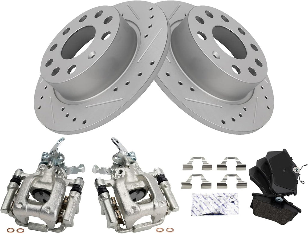 TRQ Performance Rear Brake Pad and Rotor Set Ceramic Slotted Drilled G Coated Solid Rotors Calipers Compatible with 2013 Volkswagen Beetle