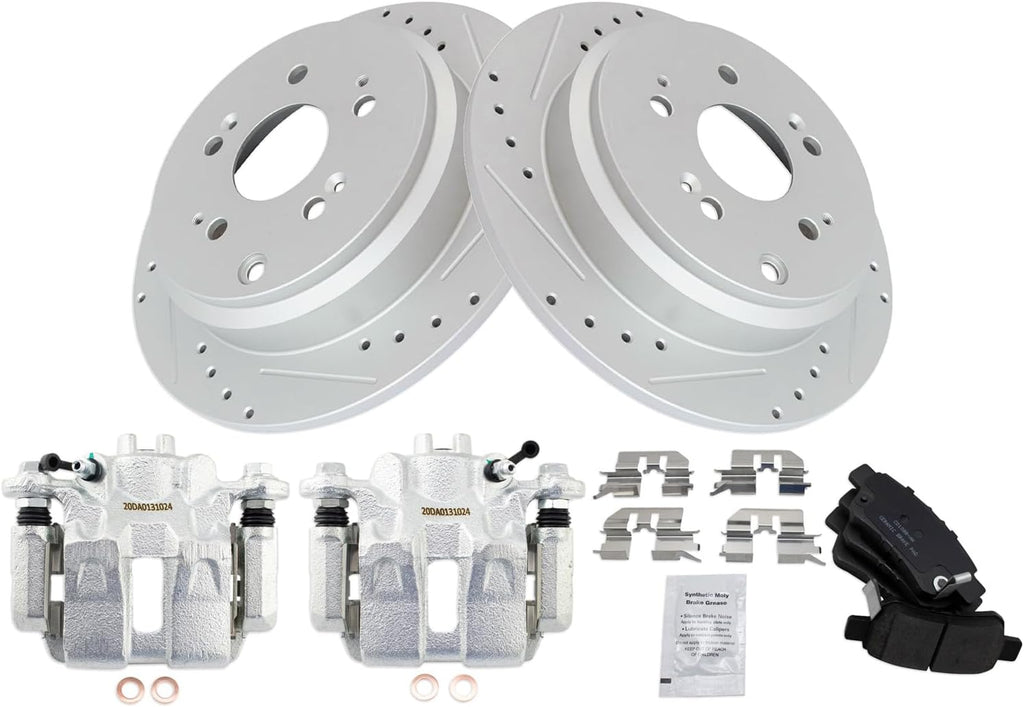 TRQ Performance Rear Brake Pad and Rotor Set Ceramic Coated Drilled Slotted Rotors Calipers Compatible with 2005-2010 Honda Odyssey