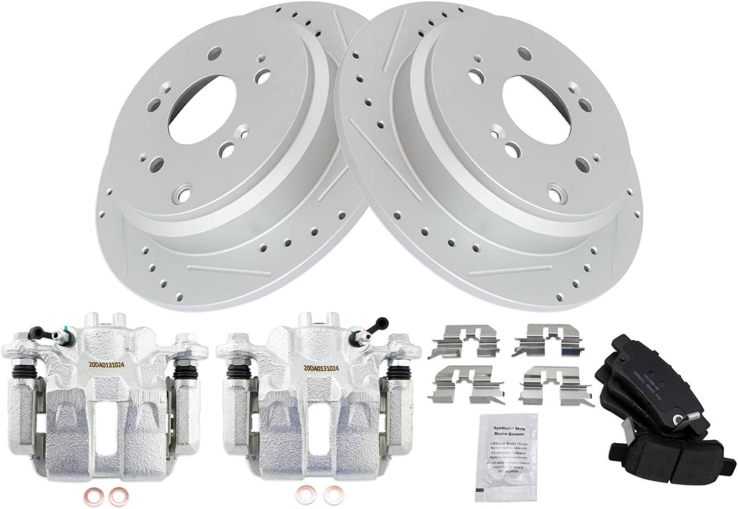 TRQ Performance Rear Brake Pad and Rotor Set Ceramic Coated Drilled Slotted Rotors Calipers Compatible with 2005-2010 Honda Odyssey