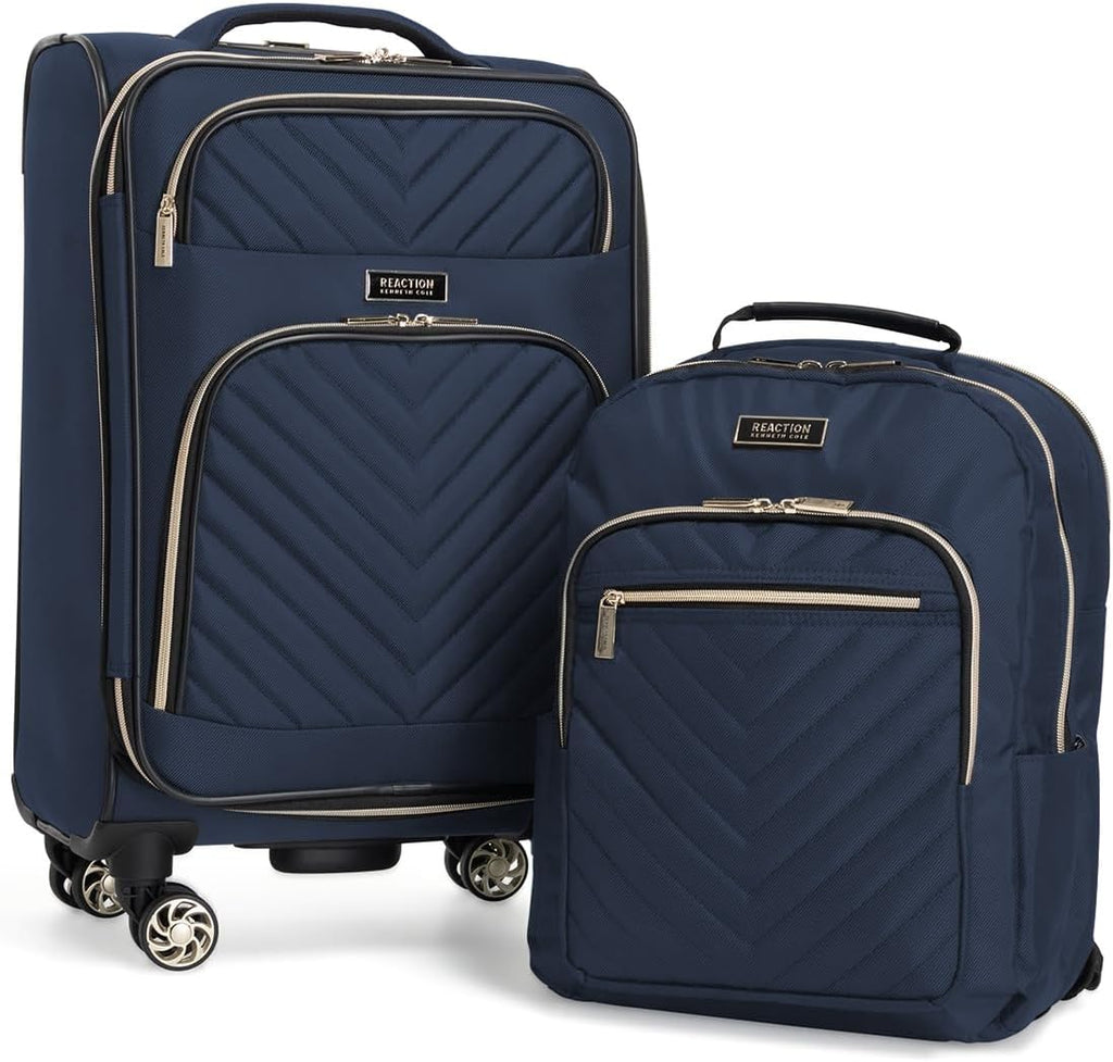 Kenneth Cole REACTION Chelsea 2-Piece Bundle - 20' Chevron Expandable 8-Wheel Carry-On Suitcase & Matching 15' Laptop Backpack, Navy