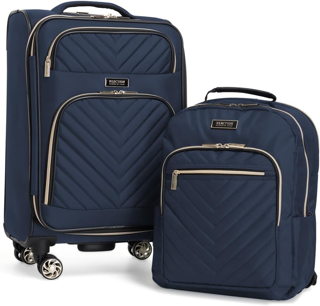 Kenneth Cole REACTION Chelsea 2-Piece Bundle - 20' Chevron Expandable 8-Wheel Carry-On Suitcase & Matching 15' Laptop Backpack, Navy