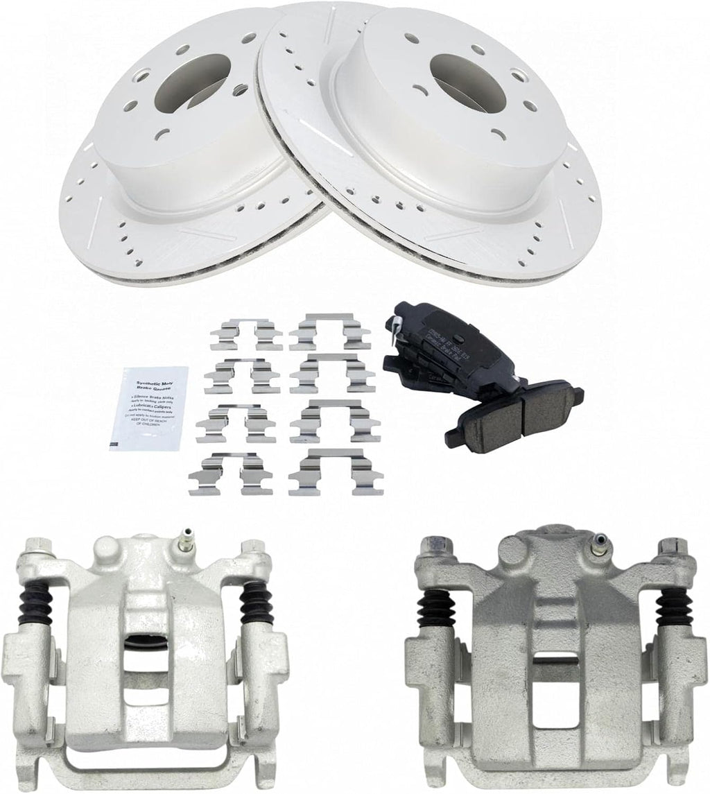 TRQ Performance Rear Brake Pad and Rotor Set Ceramic Drilled Slotted Coated Rotors Calipers Compatible with 2005-2007 Infiniti G35 2006-2009 M35 M45 Nissan 350Z