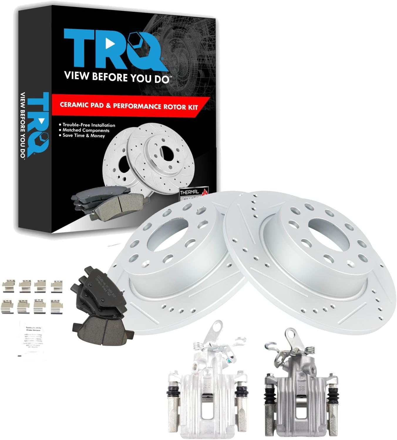 TRQ Performance Rear Brake Calipers Ceramic Pads & Drilled Rotors Fits 11 Golf 12 Jetta