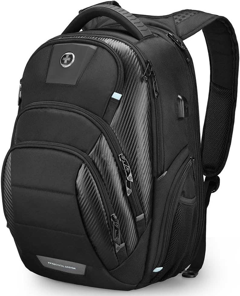 Swissdigital Design Men's 17 Inch Laptop Backpack with Apple Find My Network and USB Charging Port, Large Capacity Business Travel Backpack for College and Business Black | SD1643FB-01