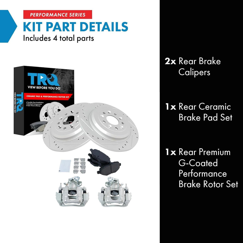 TRQ Performance Rear Brake Pad and Rotor Set Ceramic Coated Drilled Slotted Solid Rotors Calipers Compatible with 2011-2014 Ford Edge 2011-2015 Lincoln MKX