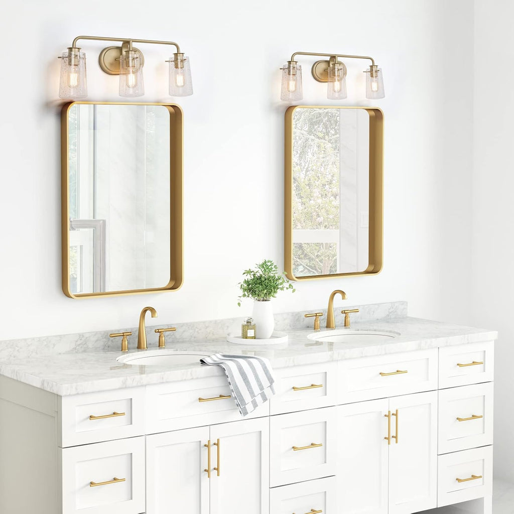 KSANA Gold Bathroom Light Fixtures, Modern Vanity Lights for Bathroom, 3-Light Bathroom Lights Over Mirror with Seeded Glass Shade and Soft Gold Finish, 22.5'' L x 5.5' W x 9'' H