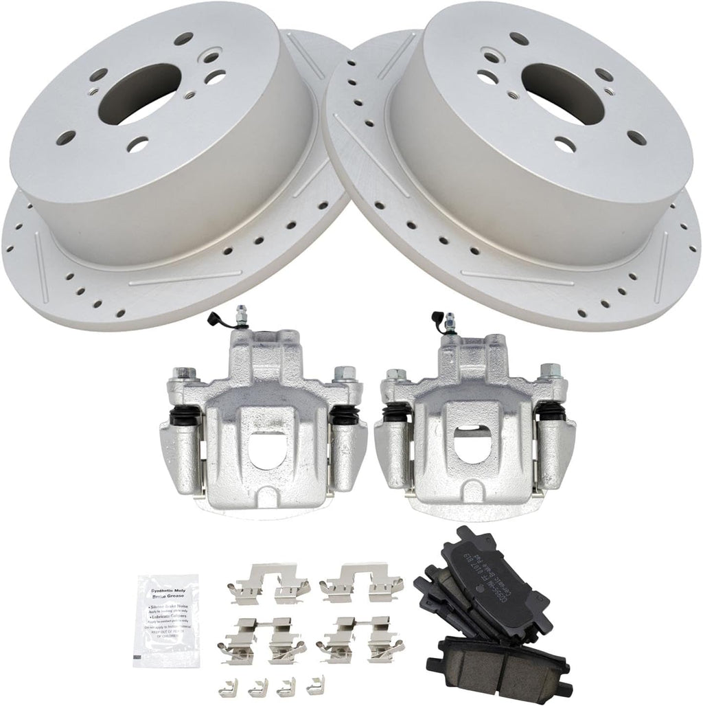 TRQ Performance Rear Brake Pad and Rotor Set Ceramic Coated Drilled Slotted Vented Rotors Calipers Compatible with 2004-2007 Toyota Highlander