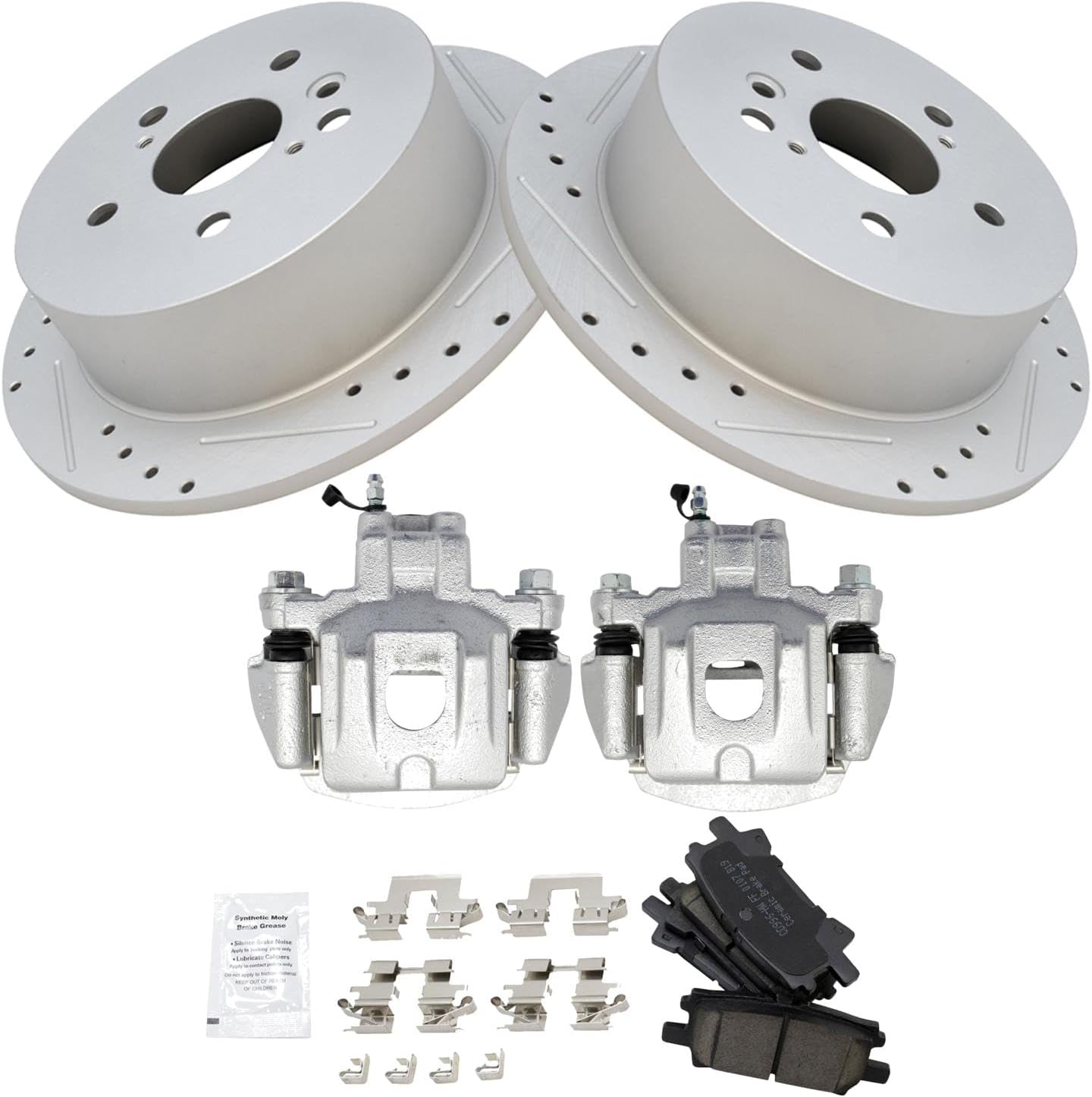 TRQ Performance Rear Brake Pad and Rotor Set Ceramic Coated Drilled Slotted Vented Rotors Calipers Compatible with 2004-2007 Toyota Highlander