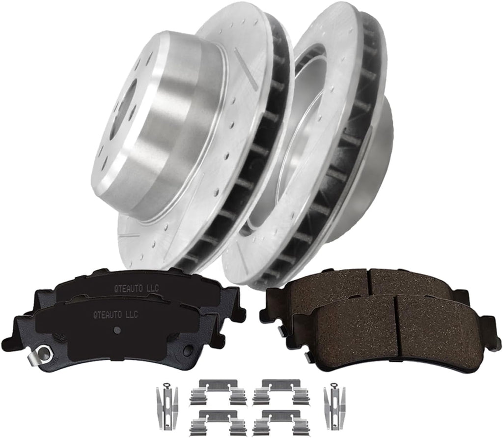 PM Auto Set of 6 Rear 330mm Drilled Slotted Disc Brake Rotors-Ceramic Brake Pad kit Replacement For 2001-2005 Chevy Silverado 1500