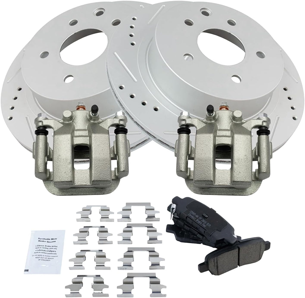 TRQ Performance Rear Brake Pad and Rotor Set Ceramic Vented Coated Rotors Calipers Compatible with 2003-2005 Infiniti G35 350Z