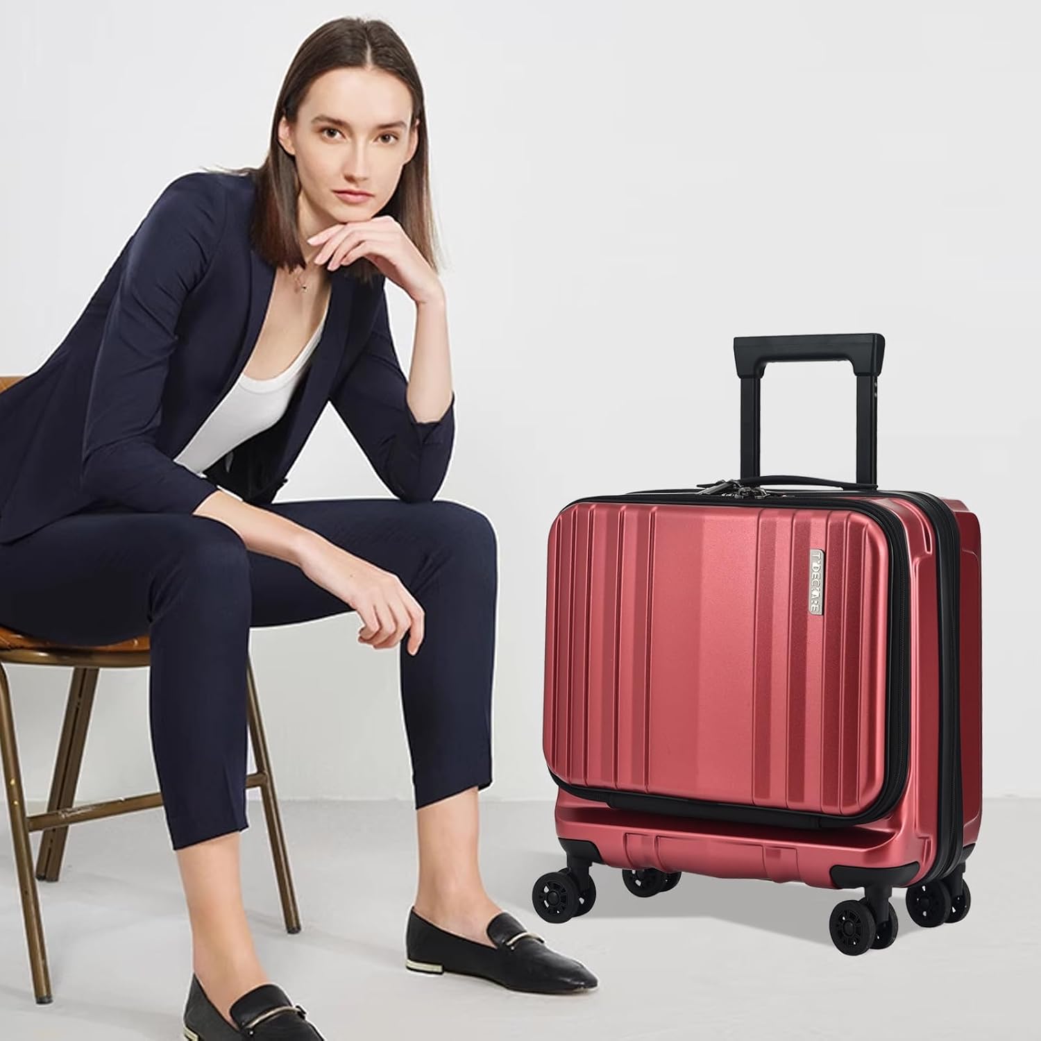 TydeCkare 16' Carry on Luggage with 2 Laptop Compartments, Lightweight Hardshell ABS+PC Suitcase with Dual Control TSA Lock, with YKK Zipper, 4 Spinner Silent Wheels, for Business Travel, Wine Red