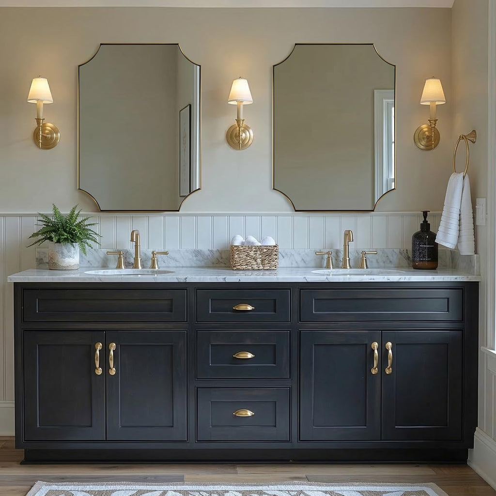 MIRRORART Contemporary Scalloped Brass Bathroom Mirrors 22x30 Inch | Notch Corner Gold Rectangle Bathroom Mirrors ,1'' Rustproof Seamless SUS Steel Frame,Wall-Mounted, Shatterproof HD Glass