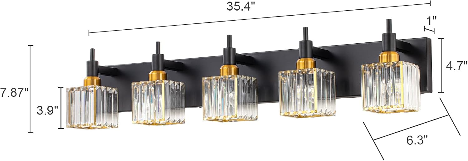 Modern Crystal Bathroom Vanity Light Black Gold 5-Lights Bathroom Lighting Fixtures Over Mirror, Brass Wall Light Fixtures