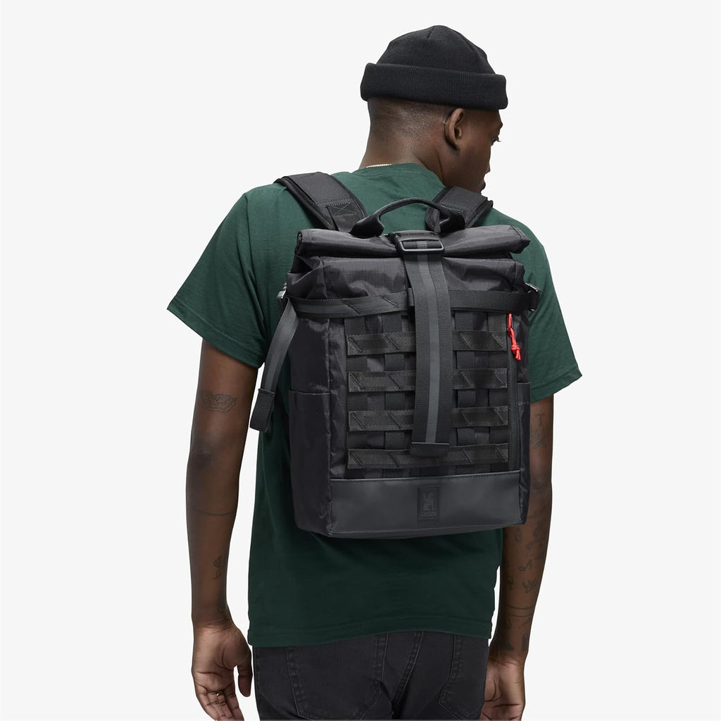Chrome Industries Barrage 18L Black XRF Reflective Roll-Top Backpack – Water Resistant Bag for Work, School, Travel – Features Cargo Net & Laptop Pocket