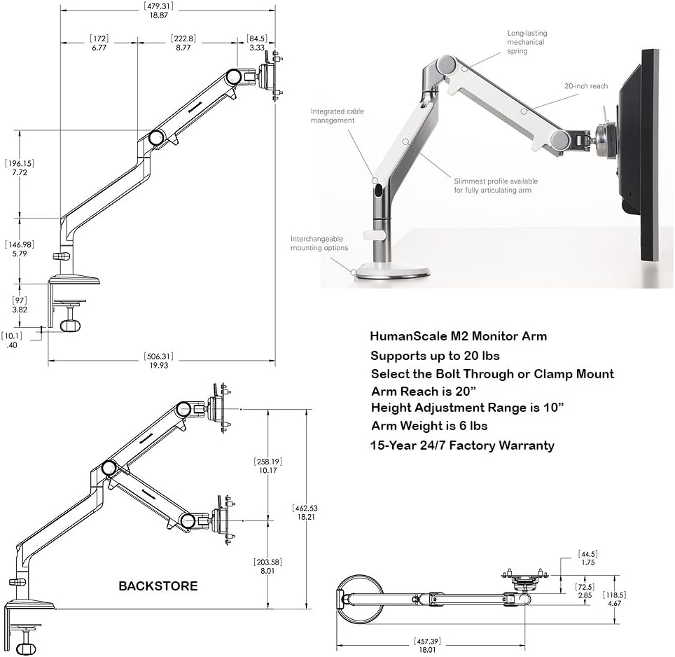 Humanscale M2 M2BW1S Adjustable Articulating Computer Monitor Arm - Bolt Through Mount with Base - Polished Aluminum with White Trim