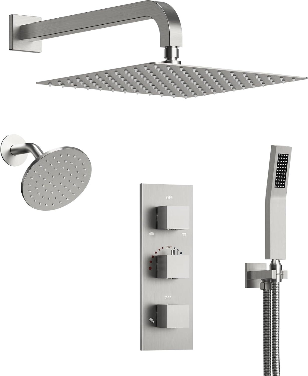 Thermostatic Shower system, 12 & 6 in. Bathroom Shower Set Wall Mount Dual Shower Head Faucet inBrushed Nickel