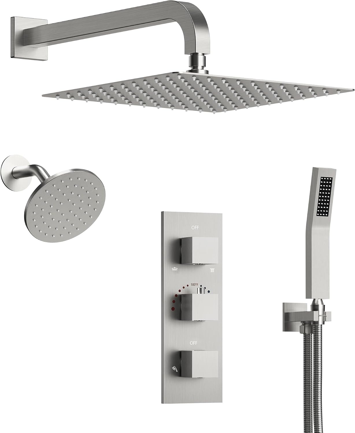 Thermostatic Shower system, 12 & 6 in. Bathroom Shower Set Wall Mount Dual Shower Head Faucet inBrushed Nickel