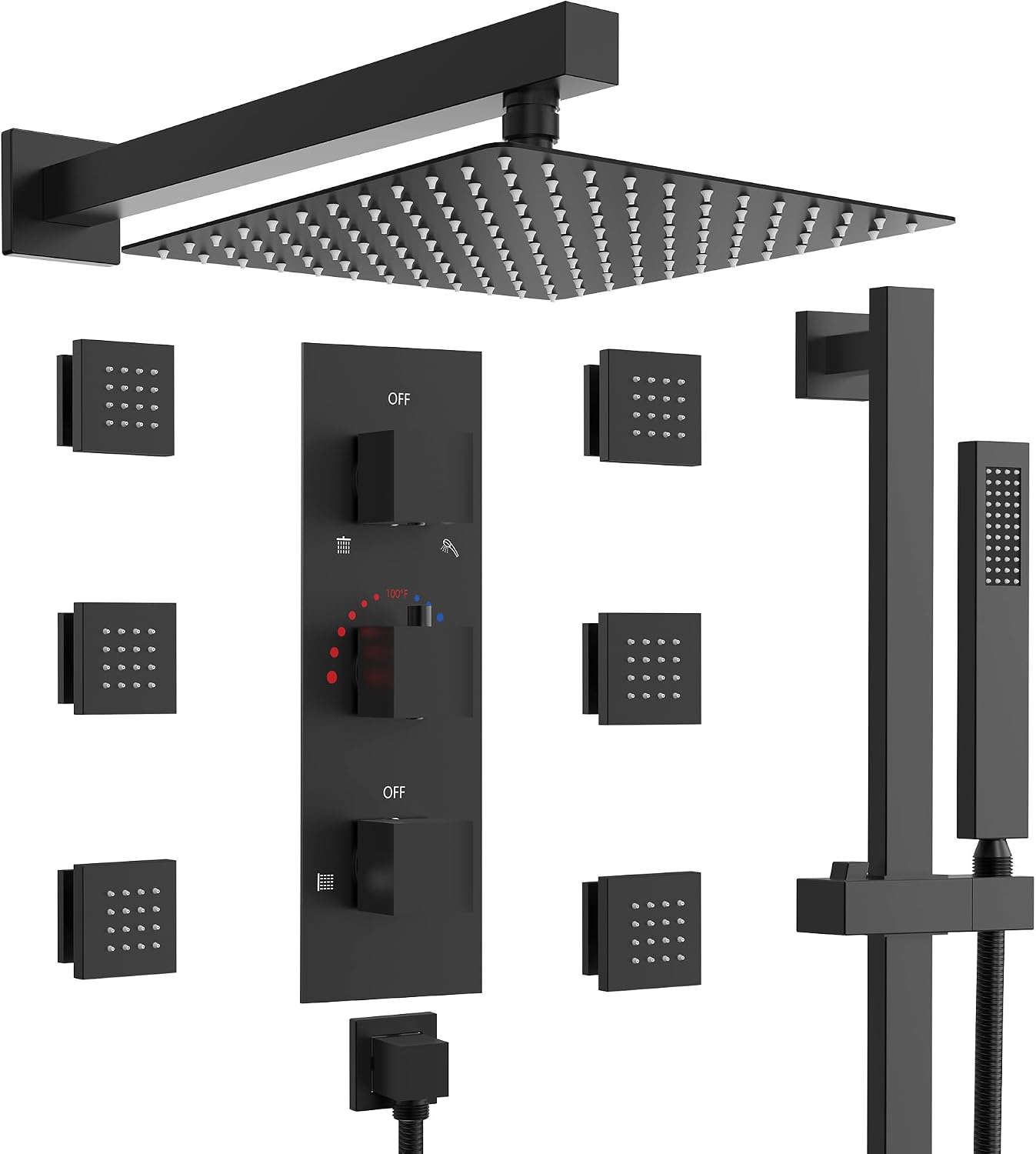 12' High-Pressure Rainfall Shower System with Slide Bar & 6 Body Jets, Wall Mount Bathroom Shower Faucet Set (Matte Black)