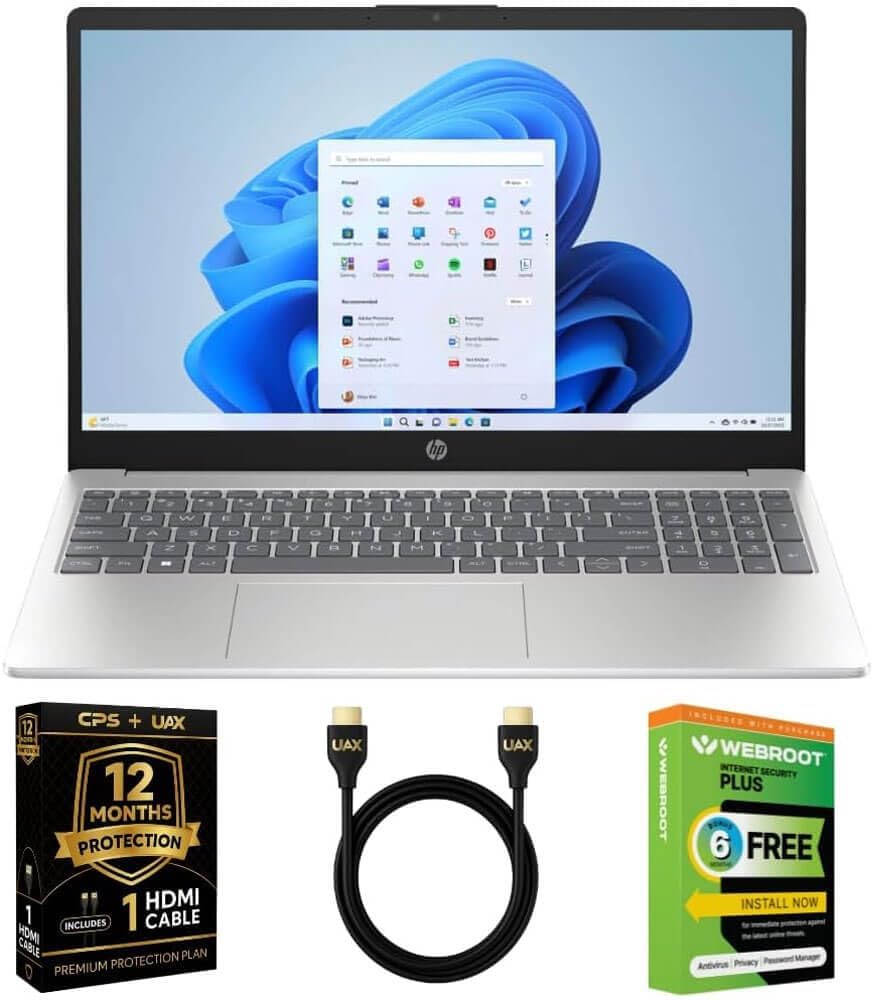 HP OmniBook 3 15.6-inch Touchscreen Laptop Bundle, AMD Ryzen AI 5 340, Radeon 840M, 16 GB RAM, 512 GB SSD, Windows 11 Home, Includes 2 Year Warranty & Webroot Antivirus + AUX HDMI