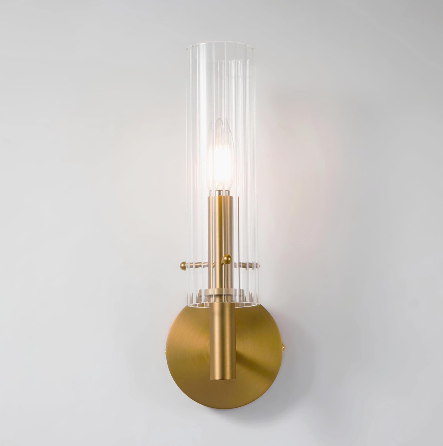 14.5 Inch Hardwired Brushed Gold Wall Sconces with Ribbed Glass Shade Brass Gold Bathroom Sconces Set of 2 (Bulb Included)