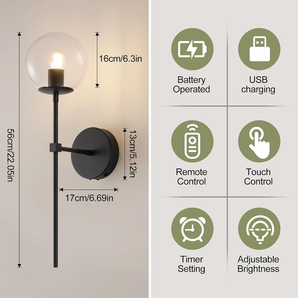 Black Battery Operated wall Sconce Set of 2 Glass Globe 3000~6000K Rechargeable Wall Light Fixture Wireless Wall Lights with Clear Glass Shade for Living Room, Hallway, Bedroom(2 Pack)