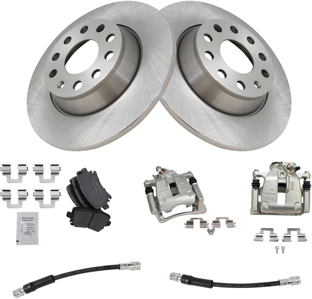 TRQ Rear Brake Pad and Rotor Set Ceramic Rotors Calipers Hoses Compatible with 2009-2016 Volkswagen CC 2009-2010 Passat